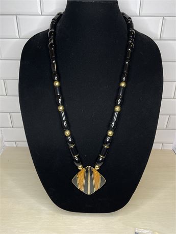 Trifari Black Bead Necklace with Large Blackened Yellow Pendant