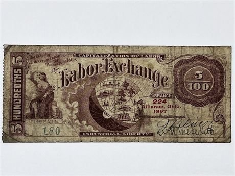 Alliance Ohio 1897 Labor Exchange 5/100 Note
