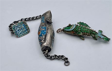 Vintage Enameled Articulated Fish and Chinese Perfume Bottle Pendants