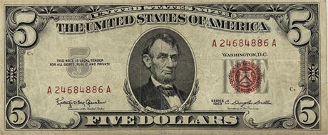 1963 US Lincoln Five Dollar (RedSeal) Bill - Banknote Currency