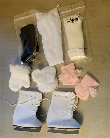 Cute pair of doll ice skates, 2 pairs of mittens & 3 pairs of leggings/stockings