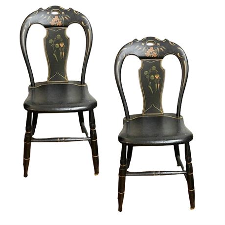 Circa 1840-1850 Pennsylvania Plank Back Black and Floral Chairs Two (2)