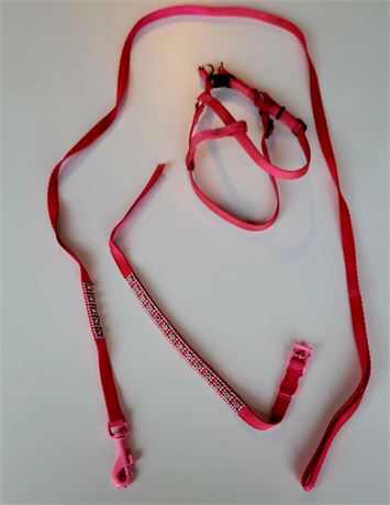 Pink bling dog collar and matching leash and harness lot - size small