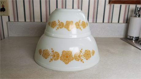 Two (2) Vintage Pyrex Butterfly Gold Mixing Bowls