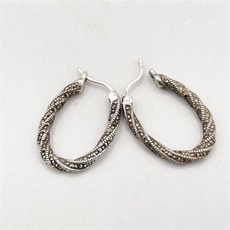 Sterling Silver and Marcasite Twist Hoop Earrings