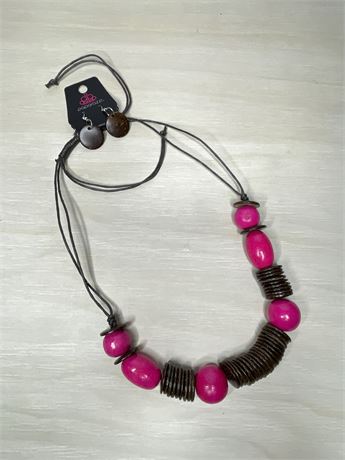 Chunky Hot Pink Wood Bead Necklace and Earrings