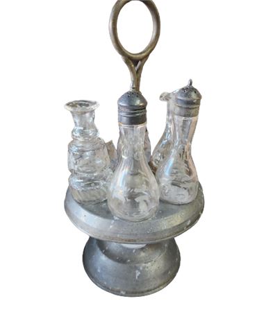 Vintage Victorian Castor Cruet Condiment Stand Etched Bottles