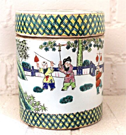 Chinese Tea Caddy Hand Painted Scholars