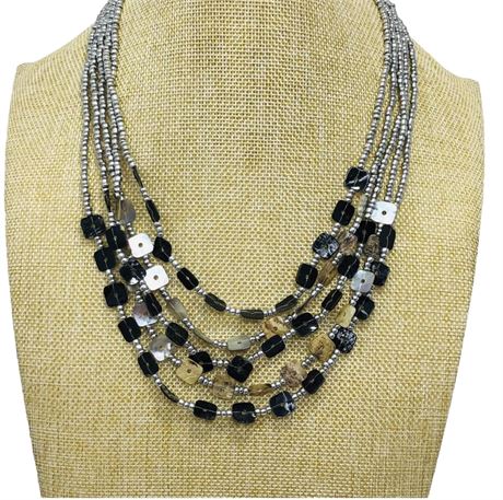 Silver Seed Bead and Shell Bead Multi Strand Necklace