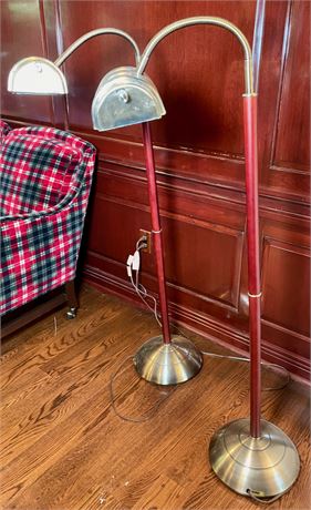 Pair of Brass and Mahogany Goose Neck Reading Floor Lamps