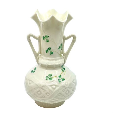 Belleek Shamrock Handled Vase