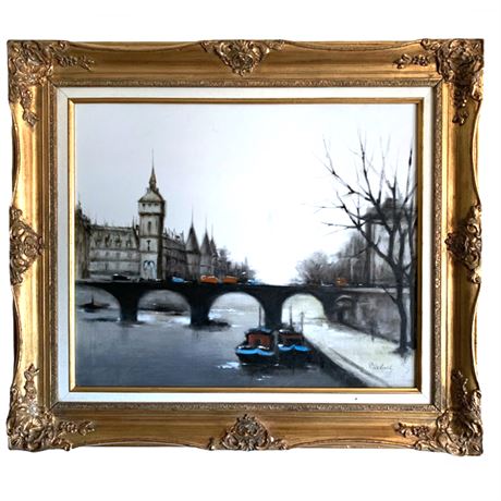 La Conciergerie Pont Neuf French River Seine Oil Painting Signed P. Debrety