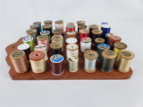 Vintage Thread Spools & Wood Holder (42)