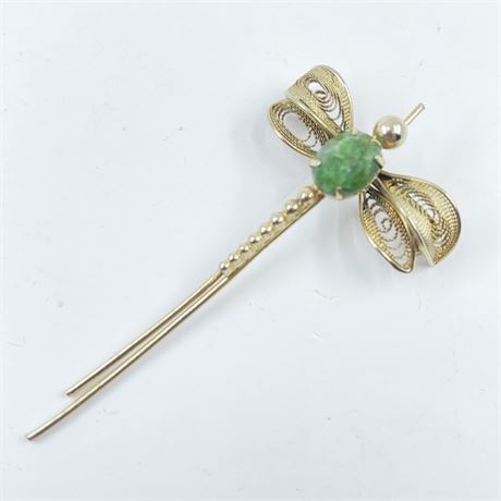Vintage Jade Gold Tone Dragon Fly Brooch