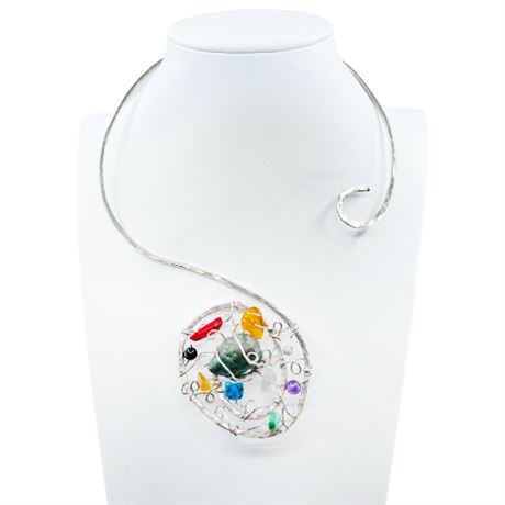 Hammered Silver and Semi Precious Stone Abstract Necklace