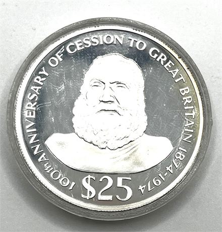Silver coin Fiji 25 dollars, 1974 100th Anniversary - Cession to Great Britain