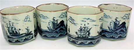 Blue White Ships pottery mugs