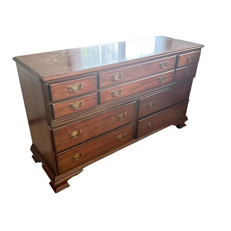 Ethan Allen Solid Cherry Ten Drawer Dresser with Gold Toned Metal Drawer Handles