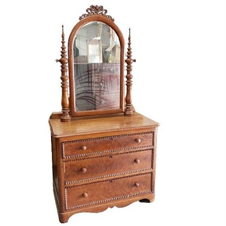 Antique Burled Carved Chest of Drawers With Mirror