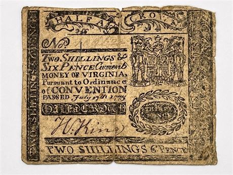 1775 Virginia 2 Shillings 6 Pence Colonial Currency Note