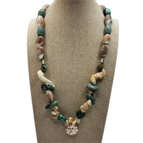 Shell & Turquoise Necklace with Silver Pendant