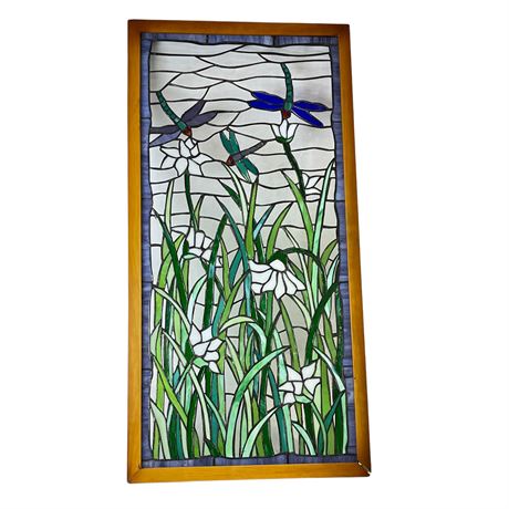 Stained Glass Floral Dragon Fly Framed Panel