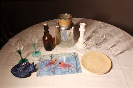 Assorted Glassware, Cutting Board, Plate, and More