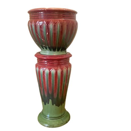 Antique Weller Blended Majolica Pottery Jardiniere and Pedestal Planter