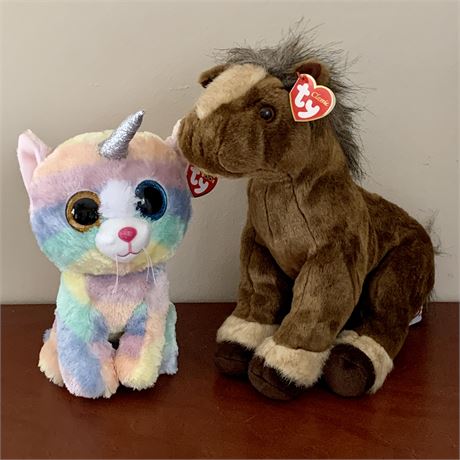 Two Ty Beanie Buddies - Tornado the Horse, Heather the Unicat - New Condition