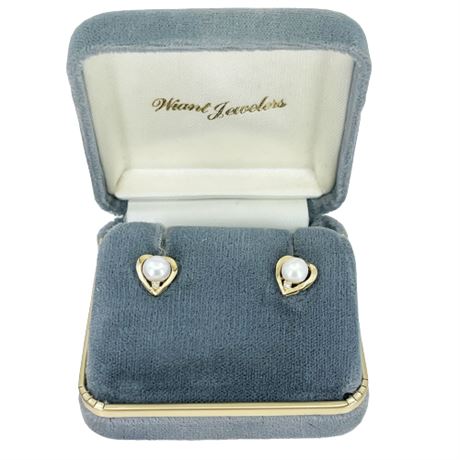 6 mm Cultured Pearl and Diamond Gold Heart Post Earrings