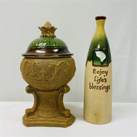 Decorative Ceramic Bottle and Lidded Urn Style Piece