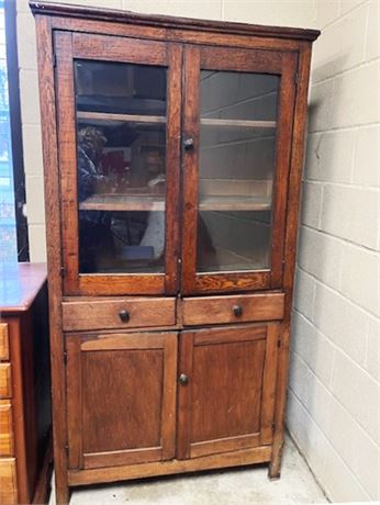 Bid On Everything - Antique Oak Cabinet with Glass Doors