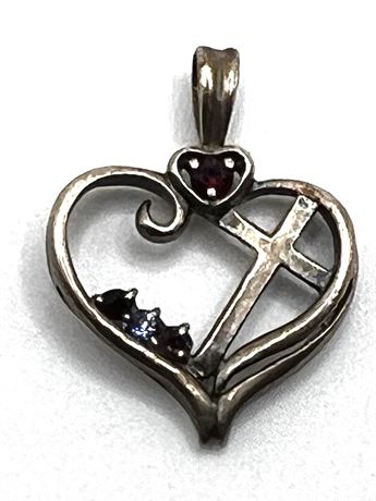 Sterling Silver Heart Shaped Multi-Colored Gemstone Cross Pendant 1"