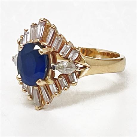 1 Carat Blue Sapphire and Diamond 14K Yellow Gold Cocktail Ring