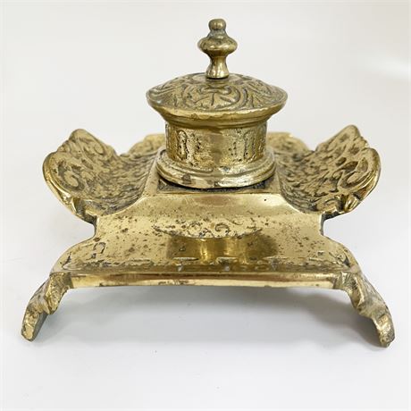 Vintage Brass Engraved Inkwell Stand