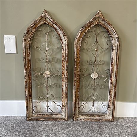 Pair of Rustic Wood and Metal Window Arch Decorative Wall Hangings