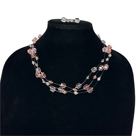 Pink Faceted Acrylic Floating Bead Necklace and Earrings