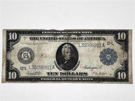 1913 Ten Dollar Federal Reserve Large Note