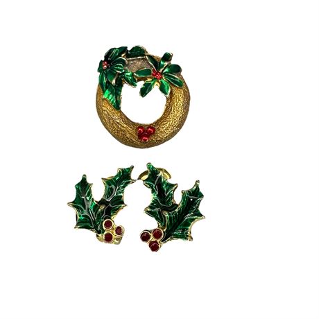Vintage Wreath Pin and Holly Earrings