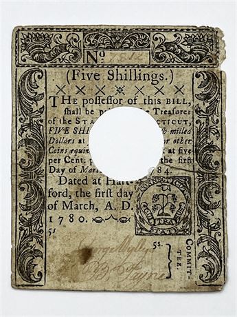 1780 Connecticut Five Shillings Colonial Note