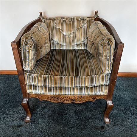 Vintage Cane Back Barrell Chair with Striped Upholstery and Carved Wood