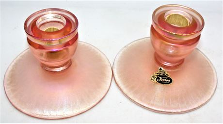 FENTON candle stick holders pink stretch glass