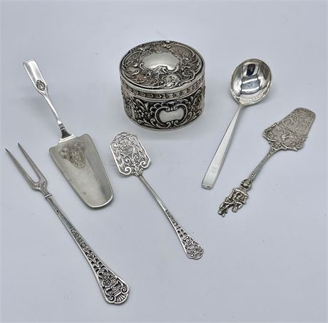Group of .800 Silver Serving Pieces and Trinket Box