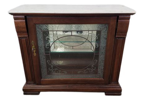 Lighted Marble Top Curio Cabinet Stand With Glass Shelf Etched