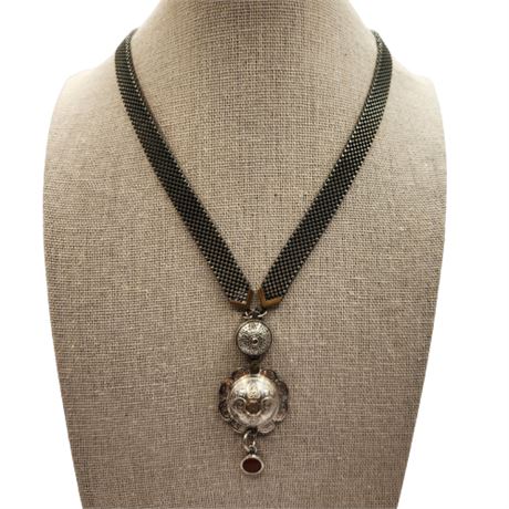 Mesh Necklace with Medallions & Red Stone