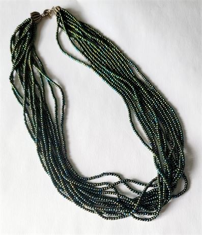 Multi strand petite green iridescent seed bead necklace