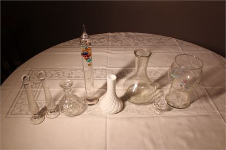 Assorted Vases, Galileo Thermometer, Wine Decanter, and More