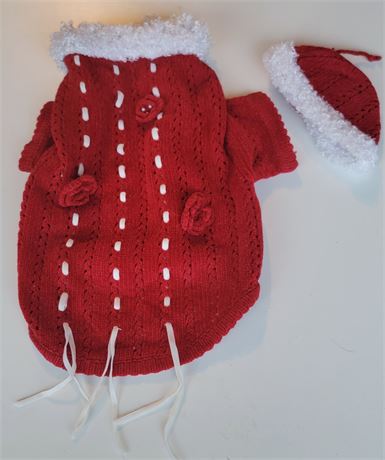 Cute Red and white sweater and matching hat Dog outfit size Medium