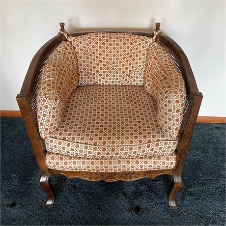 Vintage Cane Back Upholstered Barrell Chair