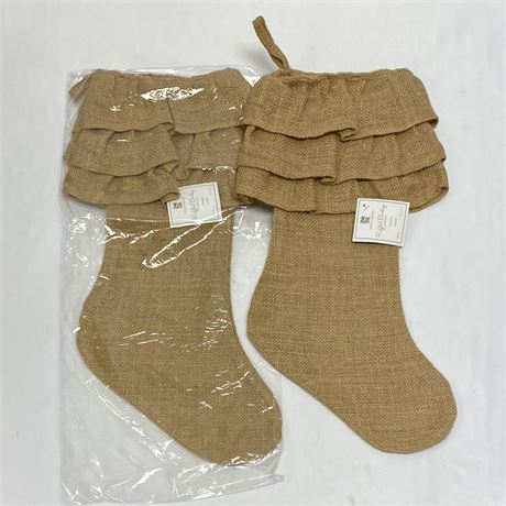 Set of 2 New Ruffled Burlap Stockings - 13 x 19"